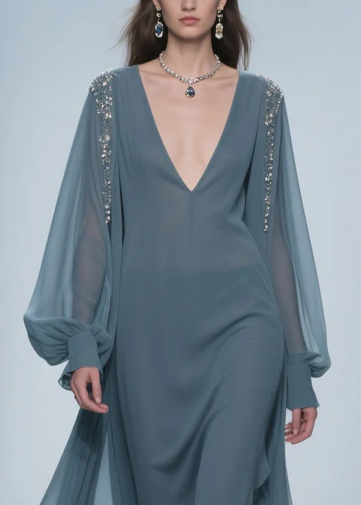 Blue Original Design Solid Chiffon Dress V Neck Lantern Sleeve - Image 2