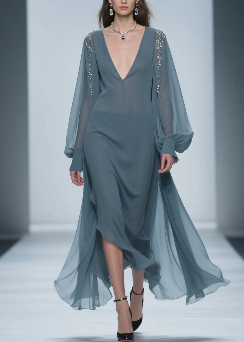 Blue Original Design Solid Chiffon Dress V Neck Lantern Sleeve - Image 3