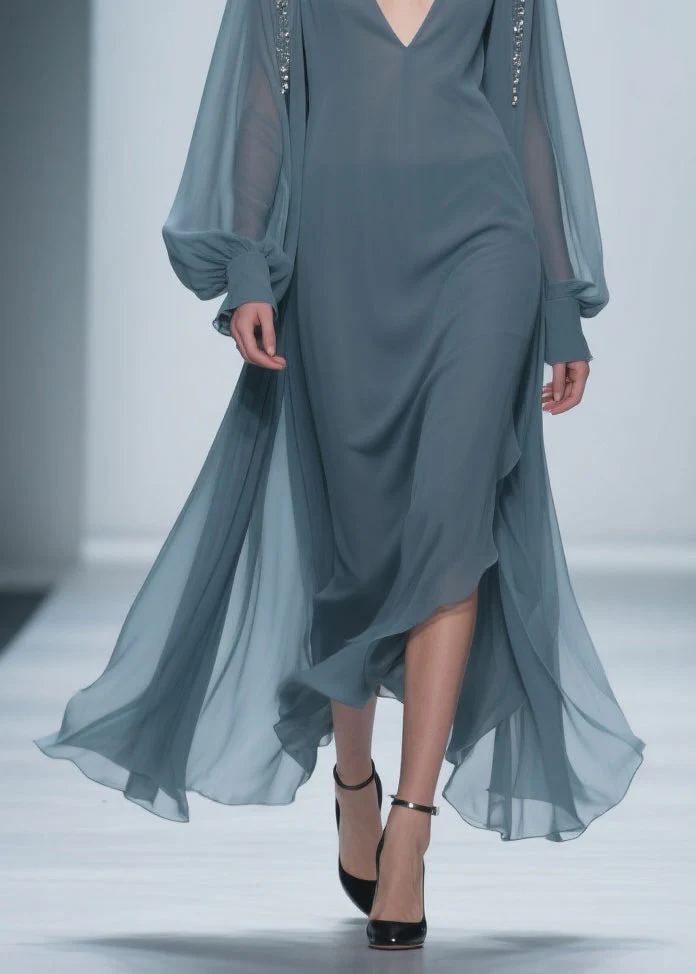 Blue Original Design Solid Chiffon Dress V Neck Lantern Sleeve - Image 4