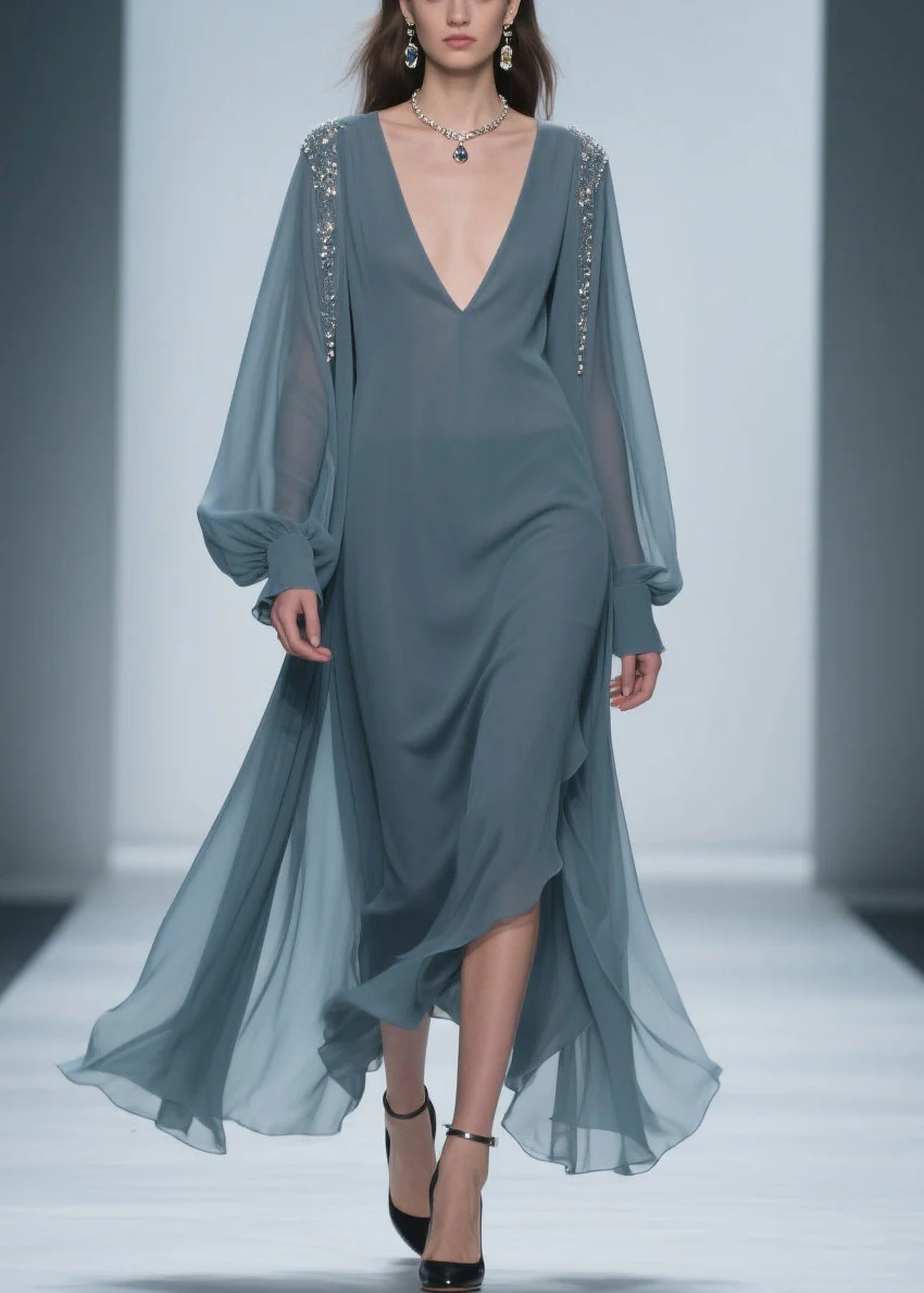 Blue Original Design Solid Chiffon Dress V Neck Lantern Sleeve - Image 5