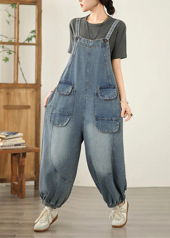 Blue Patchwork Casual Denim Jumpsuit Pockets Spring - Image 3