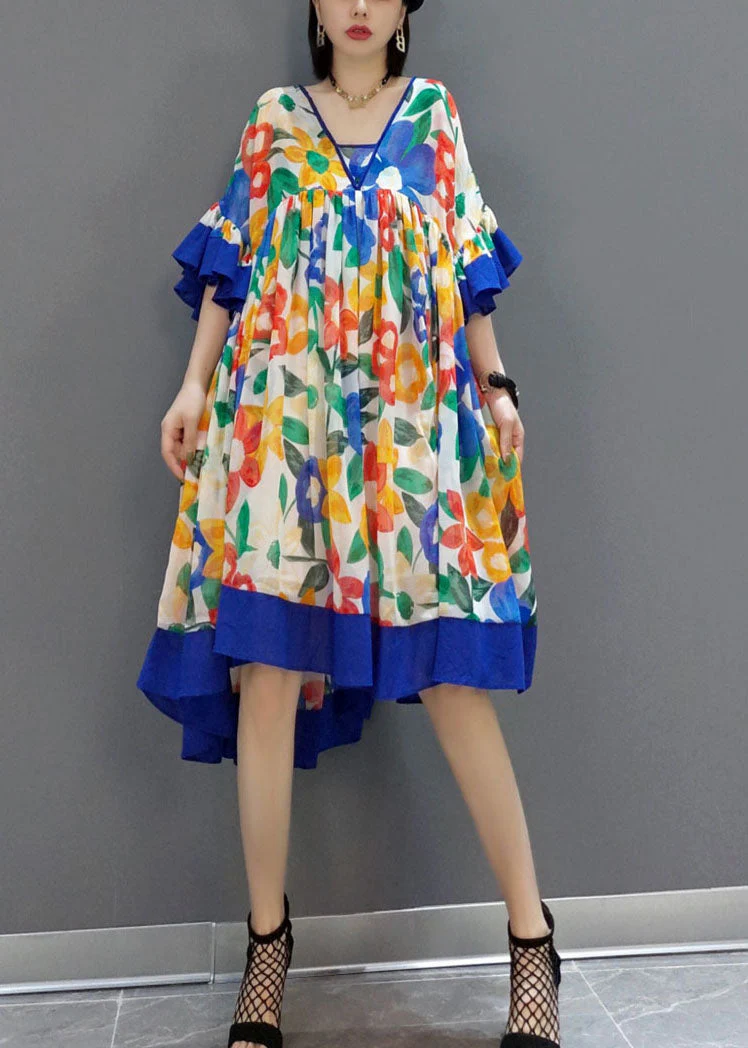 Blue Patchwork Chiffon A Line Dress V Neck Flare Sleeve - Image 2