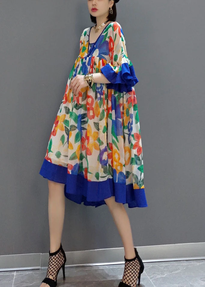 Blue Patchwork Chiffon A Line Dress V Neck Flare Sleeve - Image 3