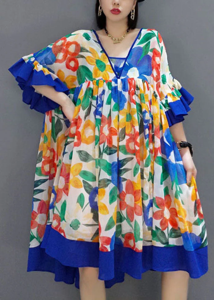 Blue Patchwork Chiffon A Line Dress V Neck Flare Sleeve - Image 4