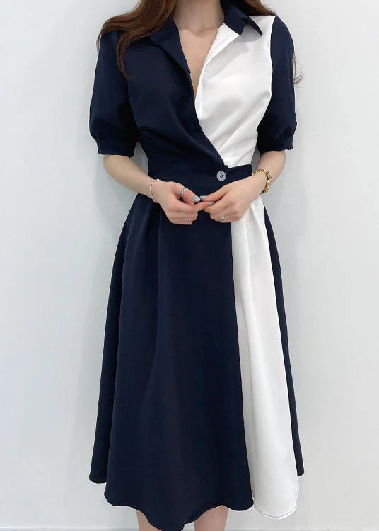 Blue Patchwork Cinched Cotton Maxi Dresses Short Sleeve - Image 2