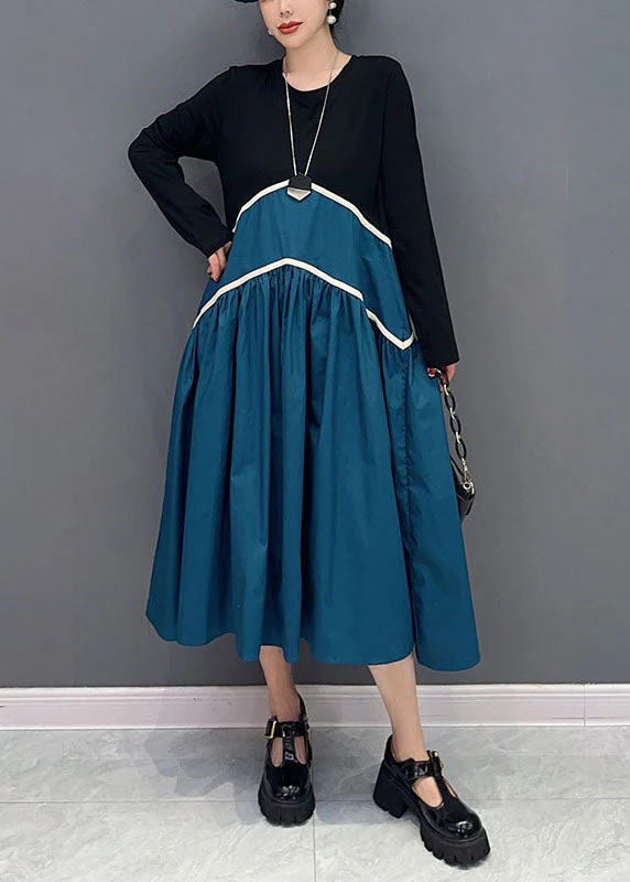 Blue Patchwork Cotton A Line Dresses Wrinkled Exra Large Hem Spring - Image 2