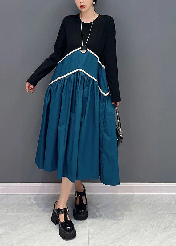 Blue Patchwork Cotton A Line Dresses Wrinkled Exra Large Hem Spring - Image 3