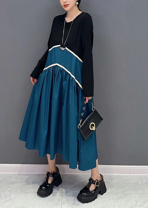 Blue Patchwork Cotton A Line Dresses Wrinkled Exra Large Hem Spring - Image 4