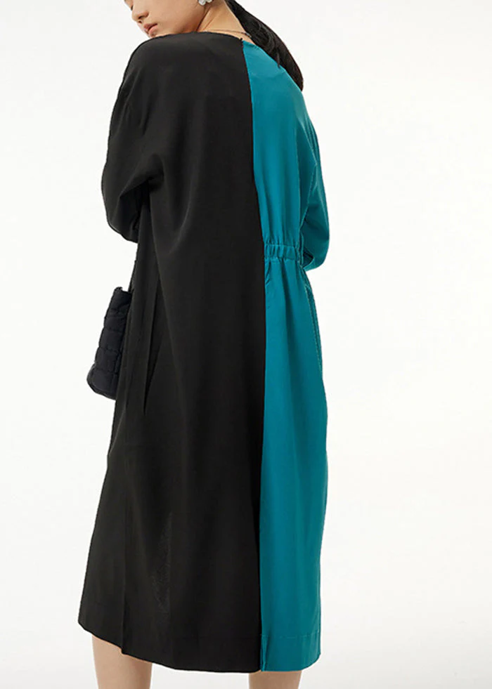 Blue Patchwork Cotton Cinched Dress Oversized Side Open Spring - Image 2