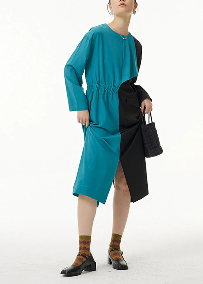 Blue Patchwork Cotton Cinched Dress Oversized Side Open Spring - Image 3