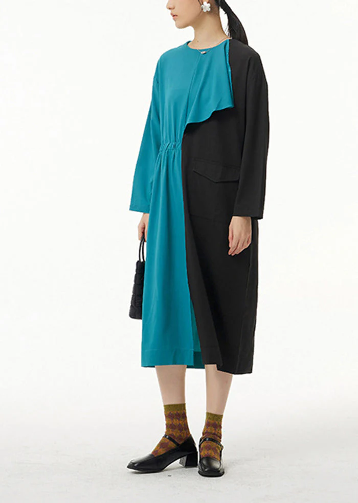 Blue Patchwork Cotton Cinched Dress Oversized Side Open Spring - Image 4