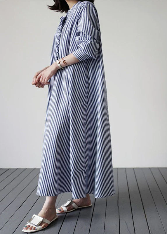 Blue Patchwork Cotton Dresses Ruffled Striped Long Sleeve - Image 2