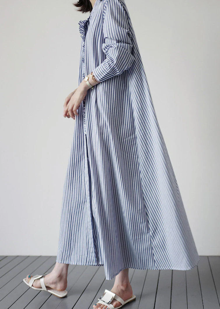 Blue Patchwork Cotton Dresses Ruffled Striped Long Sleeve - Image 3