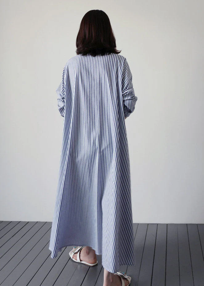 Blue Patchwork Cotton Dresses Ruffled Striped Long Sleeve - Image 4