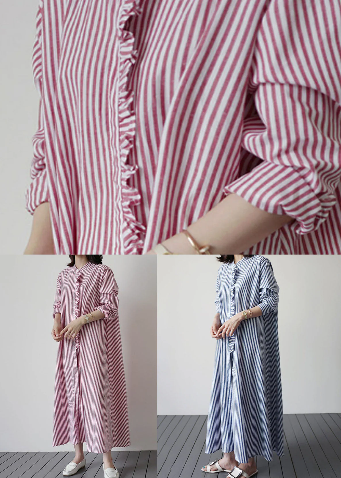 Blue Patchwork Cotton Dresses Ruffled Striped Long Sleeve - Image 5