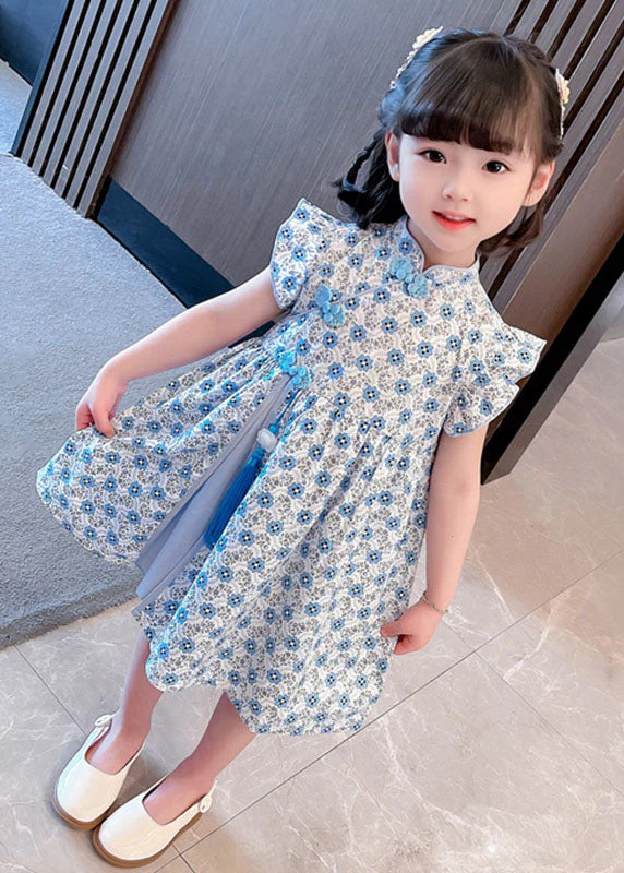 Blue Patchwork Cotton Kids Girls Dresses Tasseled Stand Collar Summer - Image 3