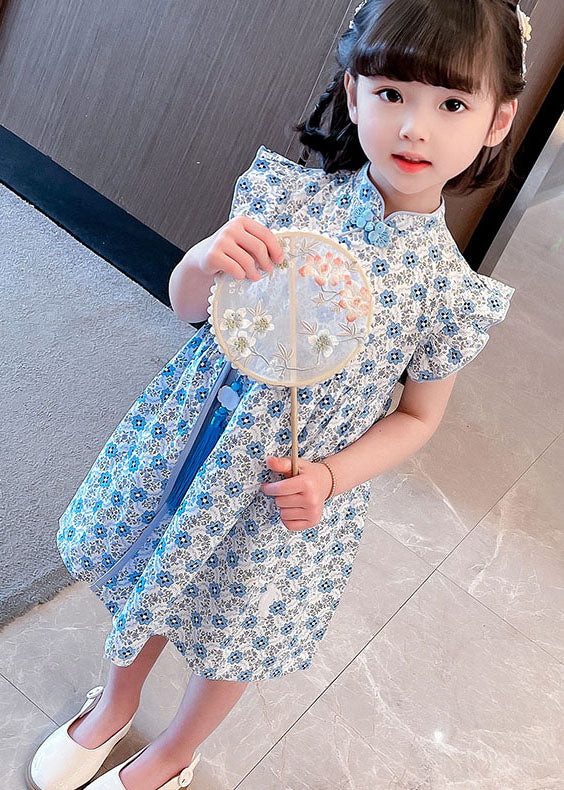 Blue Patchwork Cotton Kids Girls Dresses Tasseled Stand Collar Summer - Image 4