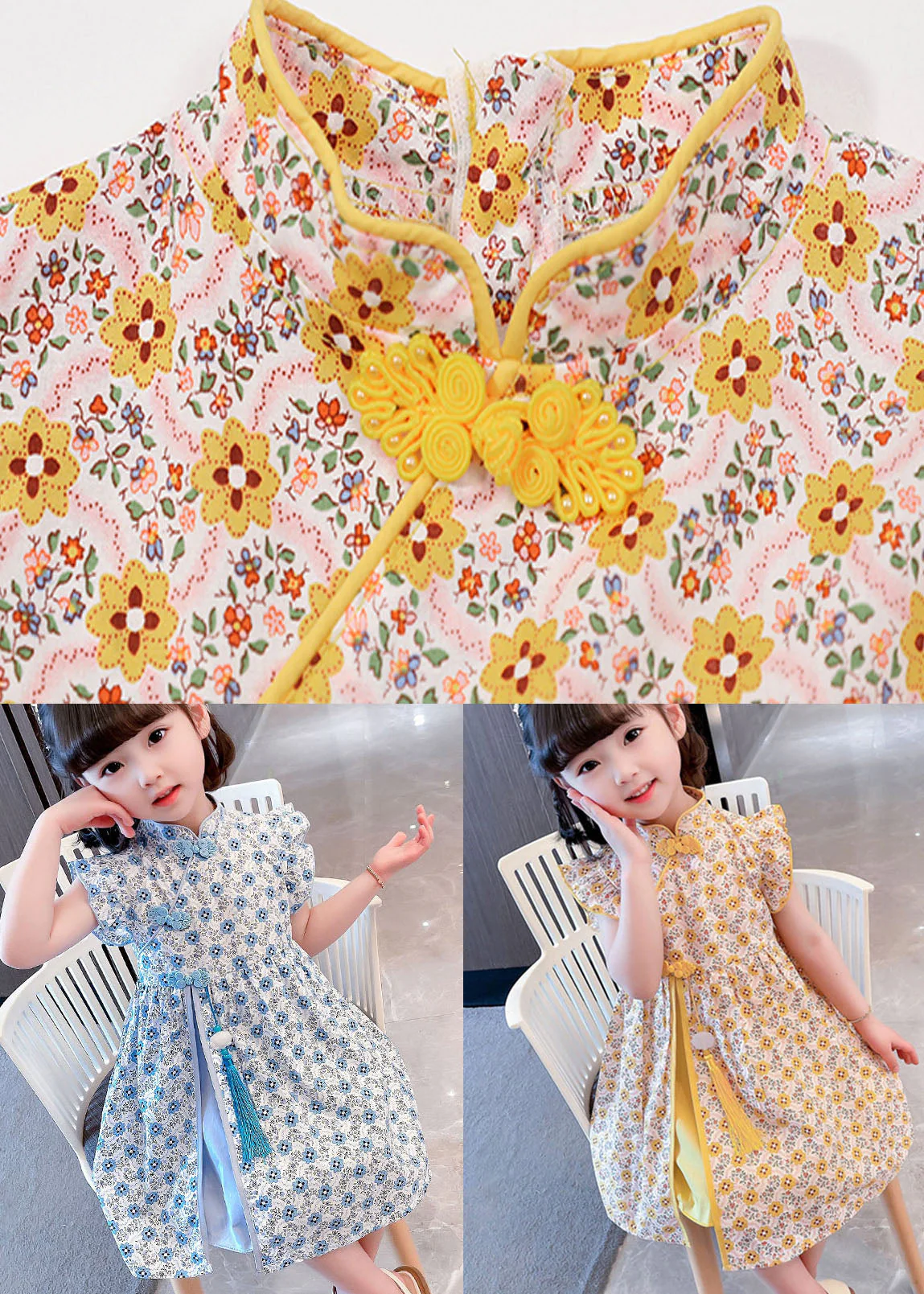 Blue Patchwork Cotton Kids Girls Dresses Tasseled Stand Collar Summer - Image 5