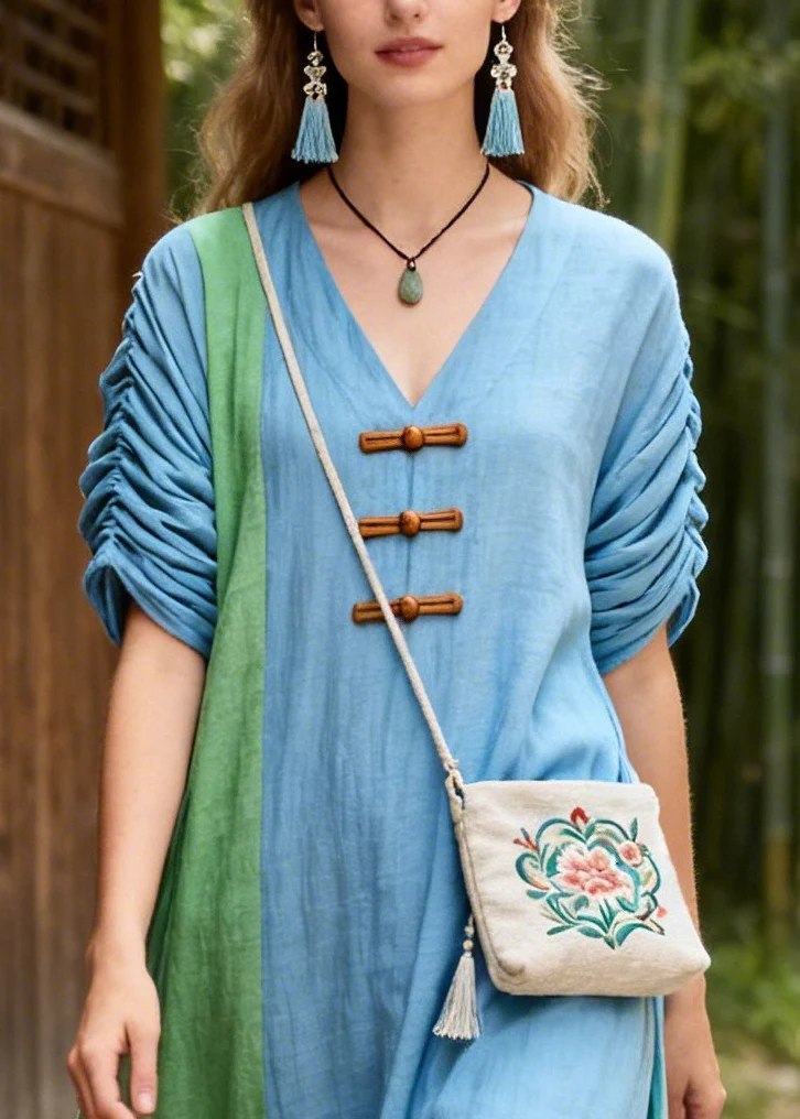 Blue Patchwork Cotton Maxi Dress Asymmetrical Chinese Button Summer - Image 2