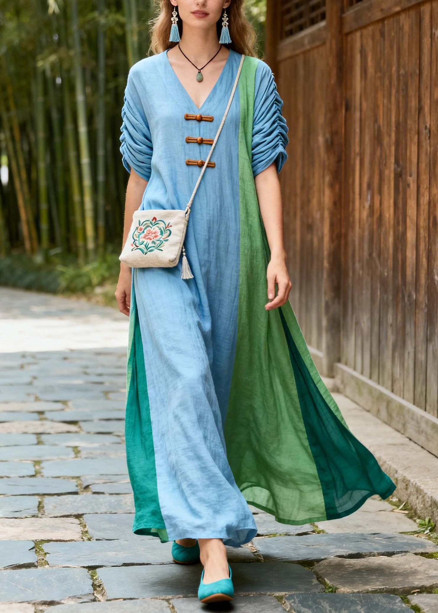 Blue Patchwork Cotton Maxi Dress Asymmetrical Chinese Button Summer - Image 3