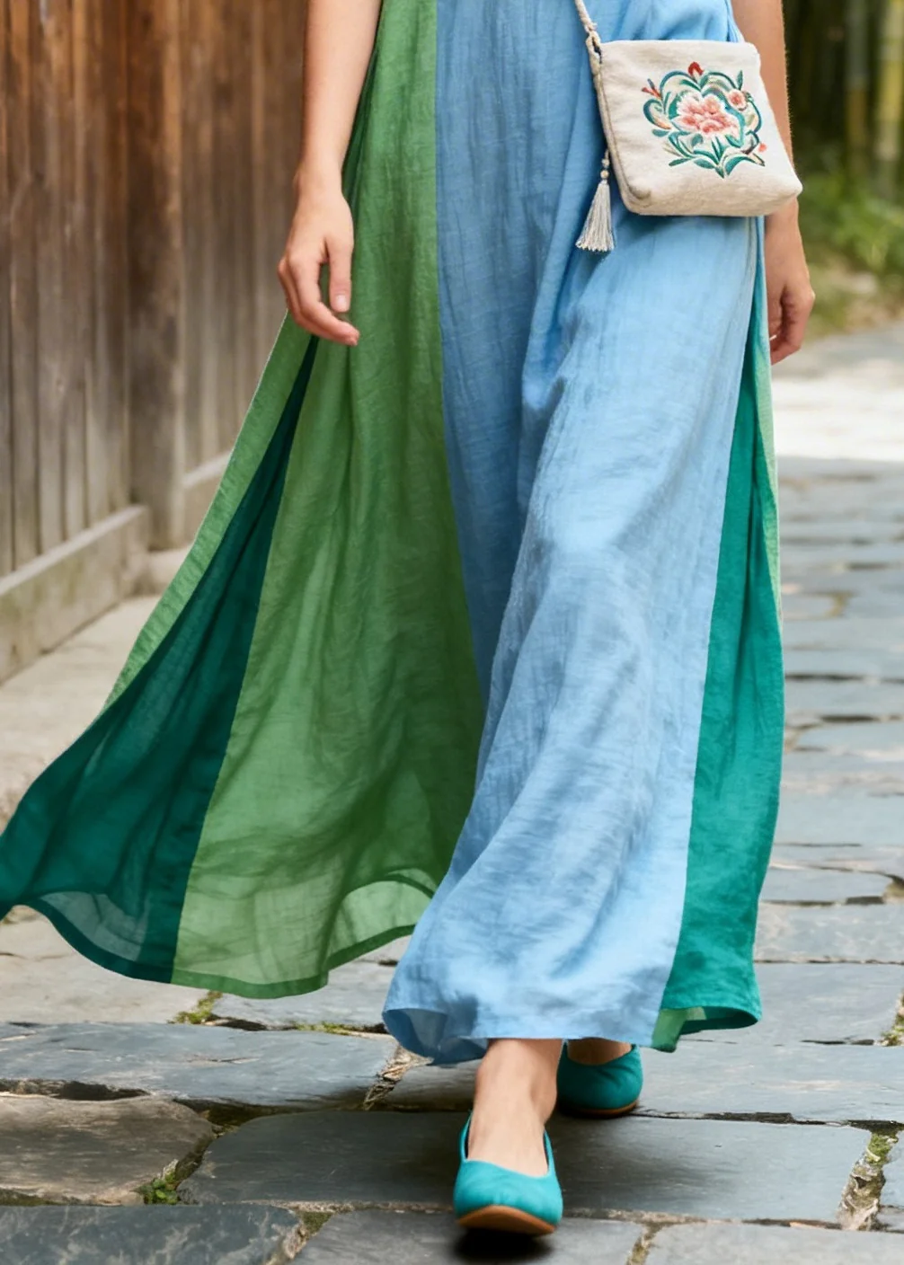 Blue Patchwork Cotton Maxi Dress Asymmetrical Chinese Button Summer - Image 4