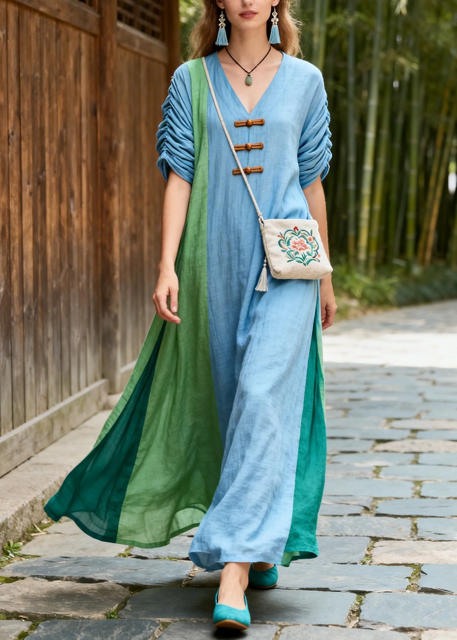 Blue Patchwork Cotton Maxi Dress Asymmetrical Chinese Button Summer - Image 5