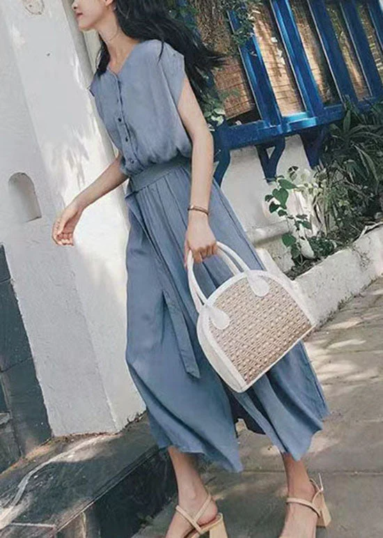 Blue Patchwork Cotton Maxi Dresses O Neck Tie Waist Summer - Image 2
