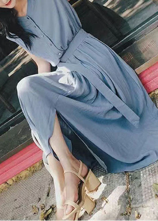 Blue Patchwork Cotton Maxi Dresses O Neck Tie Waist Summer - Image 3