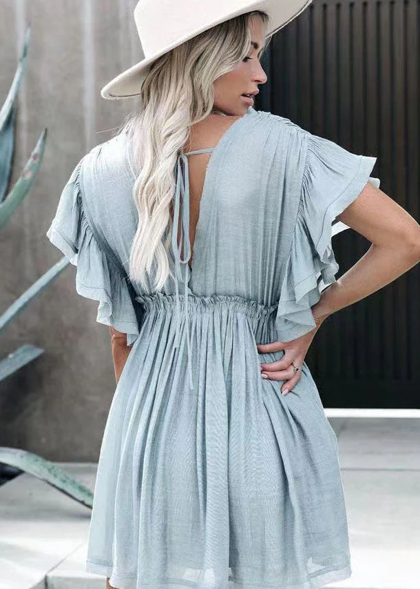Blue Patchwork Cotton Mid Dress Wrinkled Drawstring Summer - Image 4