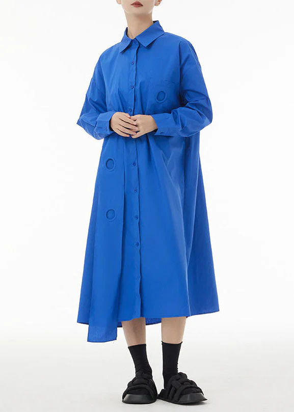 Blue Patchwork Cotton Shirt Dress Peter Pan Collar Button Spring - Image 2