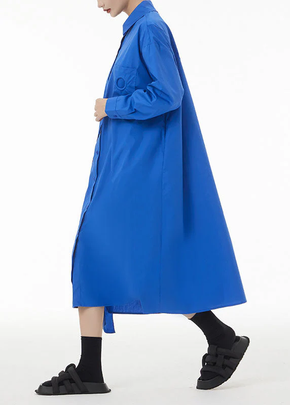 Blue Patchwork Cotton Shirt Dress Peter Pan Collar Button Spring - Image 3