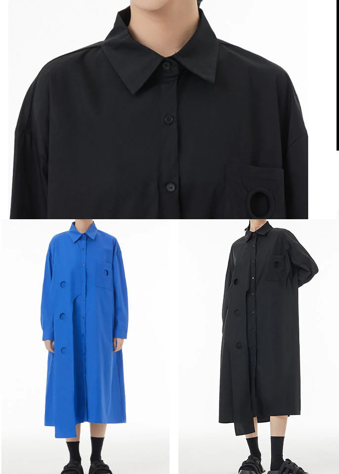 Blue Patchwork Cotton Shirt Dress Peter Pan Collar Button Spring - Image 4