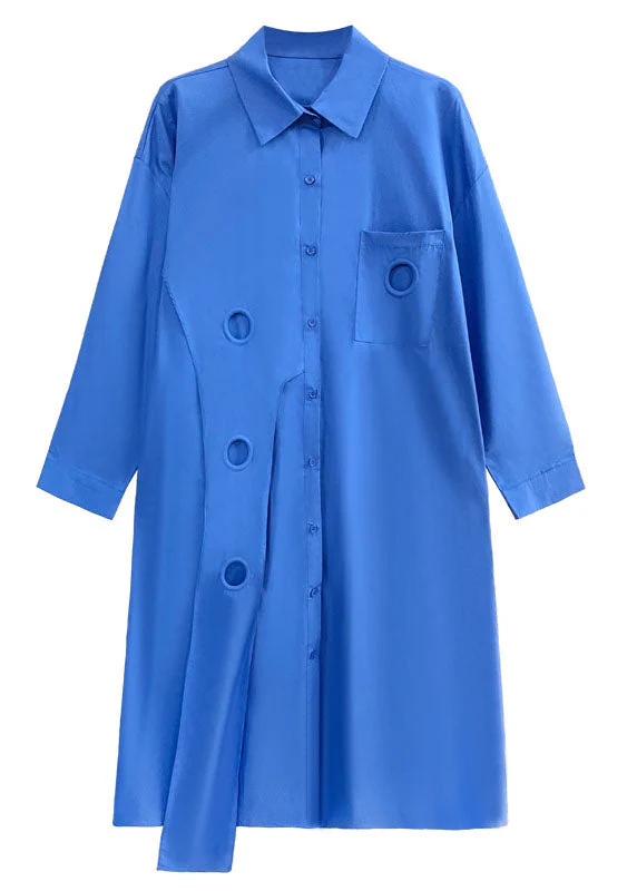 Blue Patchwork Cotton Shirt Dress Peter Pan Collar Button Spring - Image 5