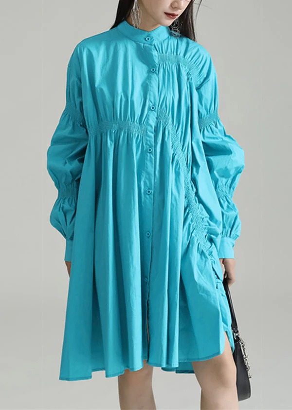 Blue Patchwork Cotton Shirts Dresses Stand Collar Wrinkled Fall - Image 2