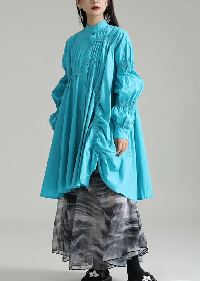 Blue Patchwork Cotton Shirts Dresses Stand Collar Wrinkled Fall - Image 3