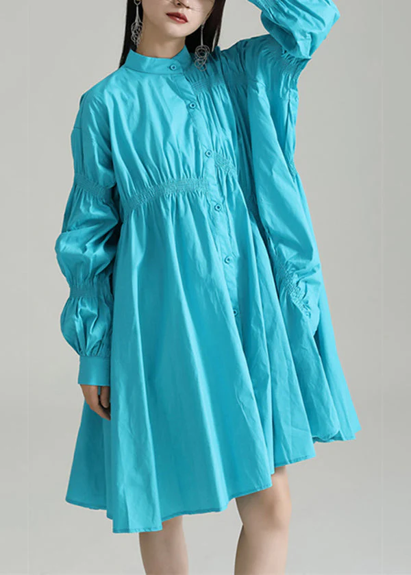 Blue Patchwork Cotton Shirts Dresses Stand Collar Wrinkled Fall - Image 4