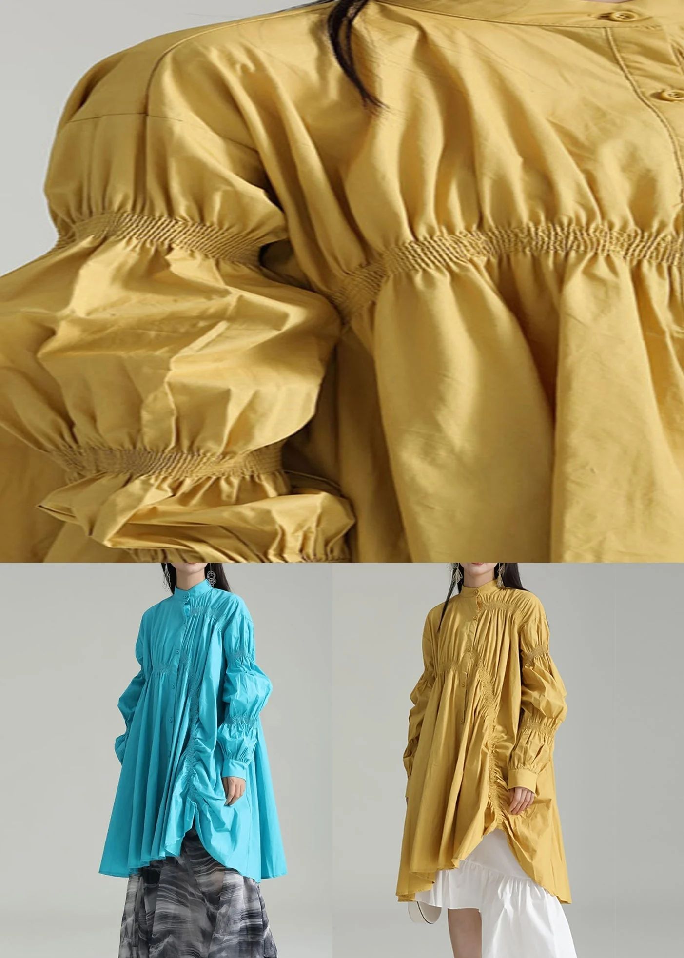 Blue Patchwork Cotton Shirts Dresses Stand Collar Wrinkled Fall - Image 5