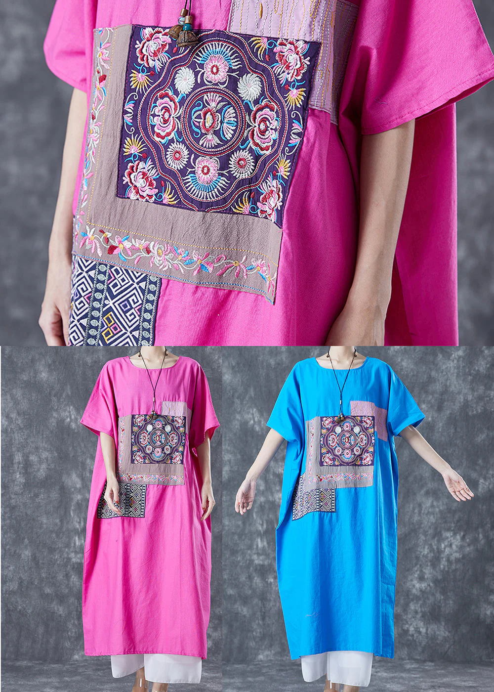 Blue Patchwork Cotton Vacation Dresses Embroideried Applique Summer - Image 5