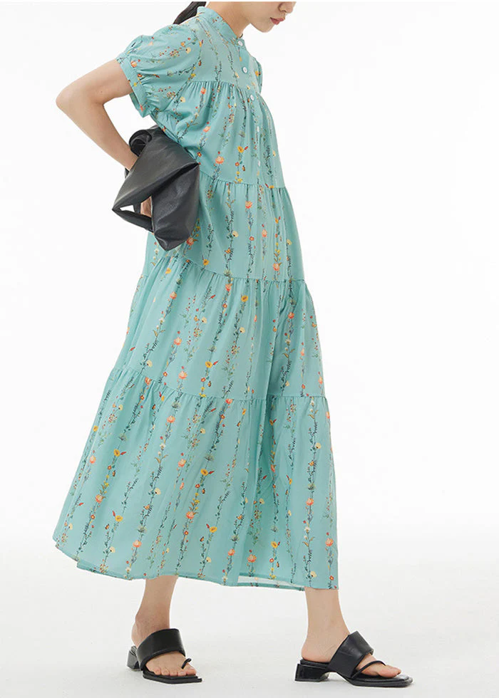Blue Patchwork Cotton Vacation Dresses Stand Collar Exra Large Hem Summer - Image 4