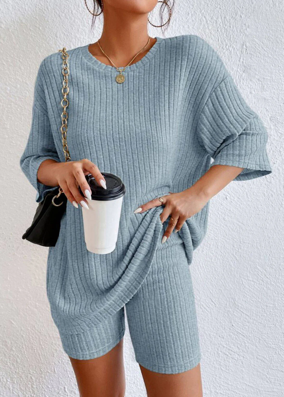 Blue Patchwork Top And Shorts Two Pieces Set Half Sleeve