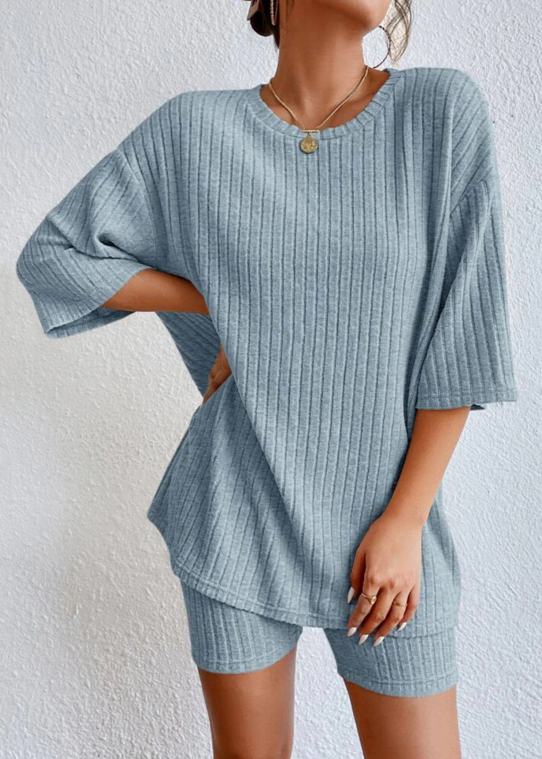 Blue Patchwork Top And Shorts Two Pieces Set Half Sleeve - Image 3