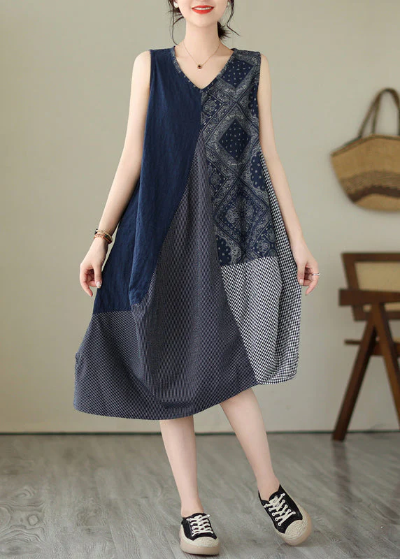 Blue Plaid Patchwork Cotton Vacation Dresses V Neck Summer - Image 2