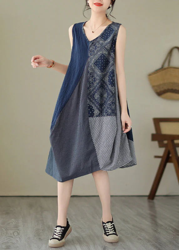 Blue Plaid Patchwork Cotton Vacation Dresses V Neck Summer - Image 3