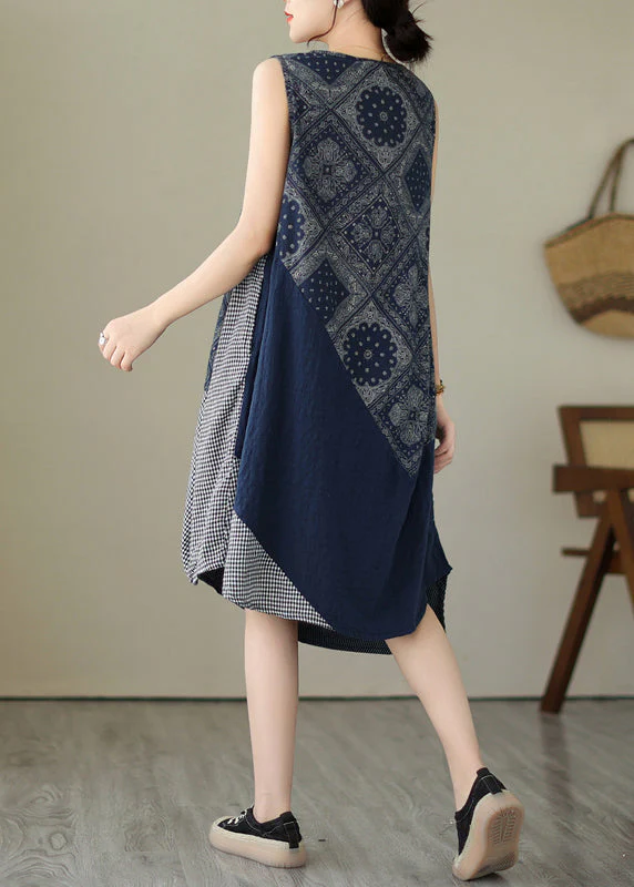 Blue Plaid Patchwork Cotton Vacation Dresses V Neck Summer - Image 4
