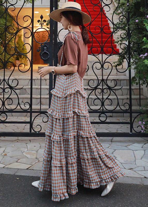 Blue Plaid Patchwork Ruffles Long Dress Sleeveless - Image 2