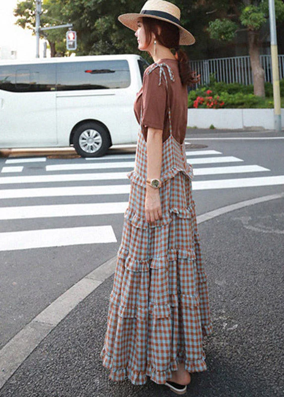 Blue Plaid Patchwork Ruffles Long Dress Sleeveless - Image 3