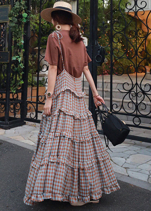 Blue Plaid Patchwork Ruffles Long Dress Sleeveless - Image 4