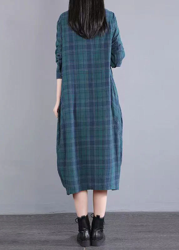Blue Plaid Pockets Cotton Shirts Dress Stand Collar Fall - Image 2
