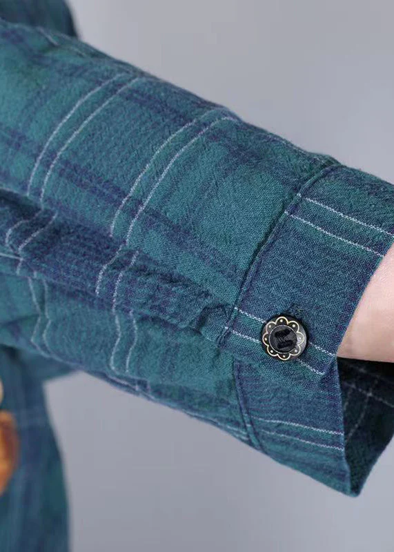 Blue Plaid Pockets Cotton Shirts Dress Stand Collar Fall - Image 3