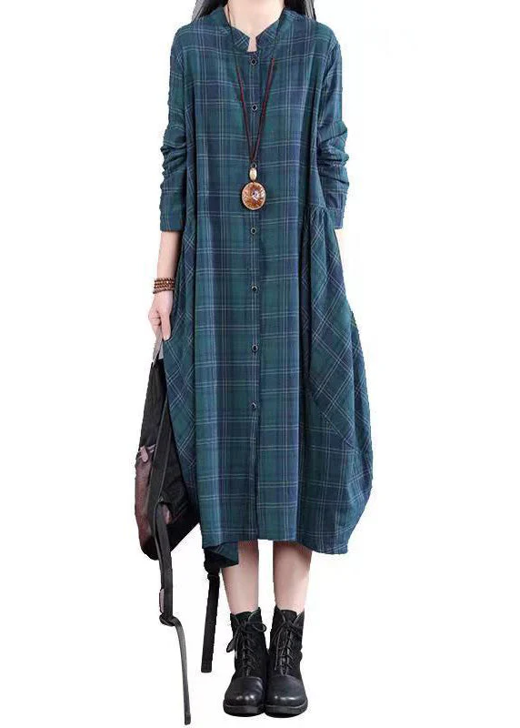 Blue Plaid Pockets Cotton Shirts Dress Stand Collar Fall - Image 5